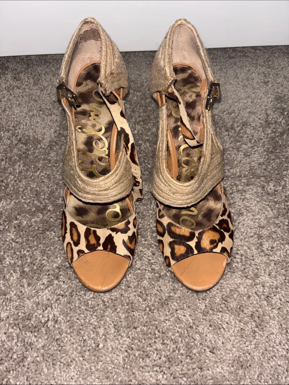 Sam Edelman Leopard Espadrille Peep-Toe Wedge Sandals in Brown and Tan